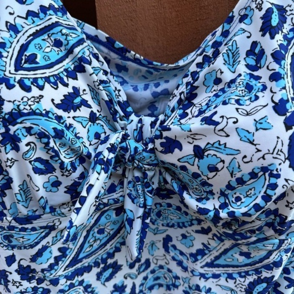 ALISHA LEVINE. NWT.  Blue/ White  Swimsuit. Sz 22W. Ruching in front, flowy hem. - Picture 2 of 10